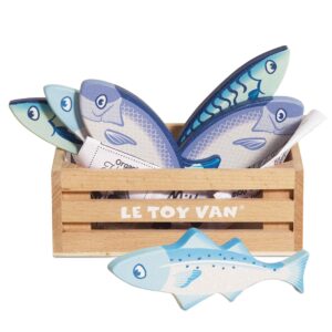 Drewniane ryby w skrzynce, zabawka dla dzieci, stragan, sklep Le Toy Van